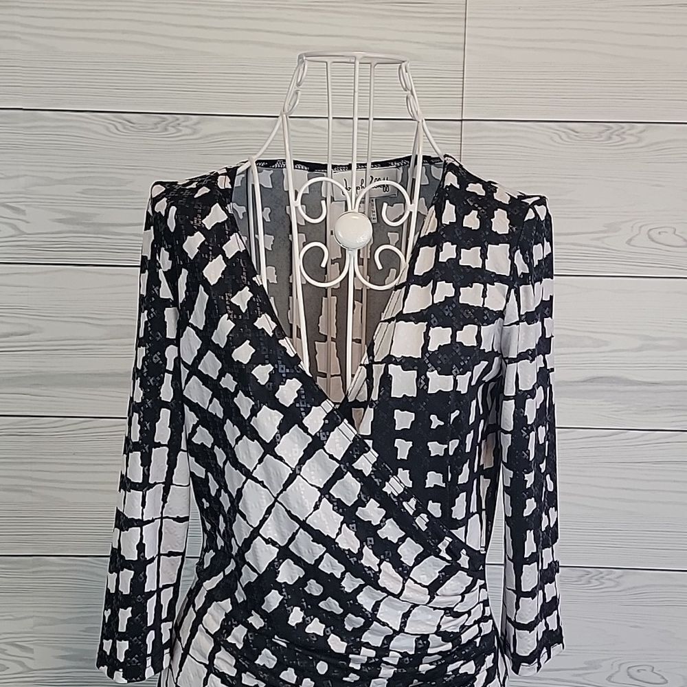 Joseph Ribkoff black and white geo print faux wrap midi dress Women's Size 4 - Picture 2 of 11